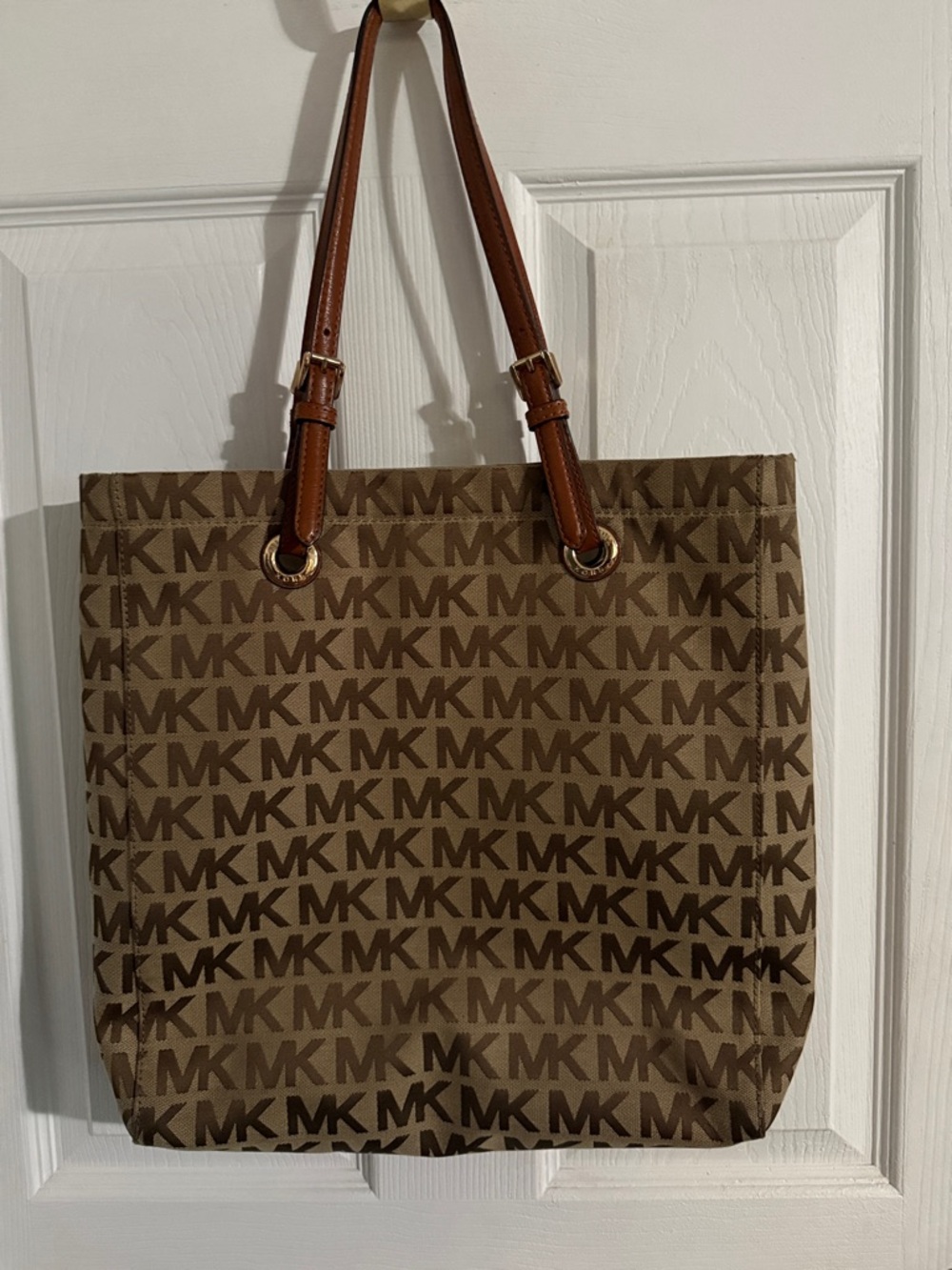 Michael Kors Brown MK Logo Tote with Tan Straps